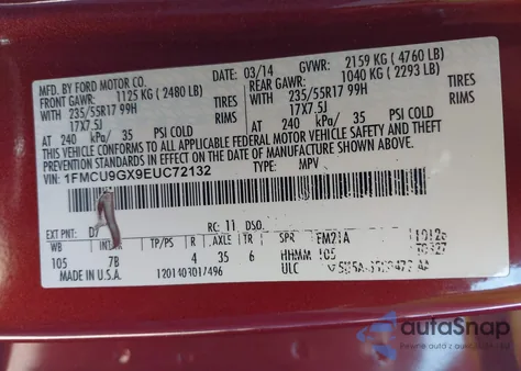 2014 Ford Escape Se из США, поврежденный, VIN 1FMCU9GX9EUC72132